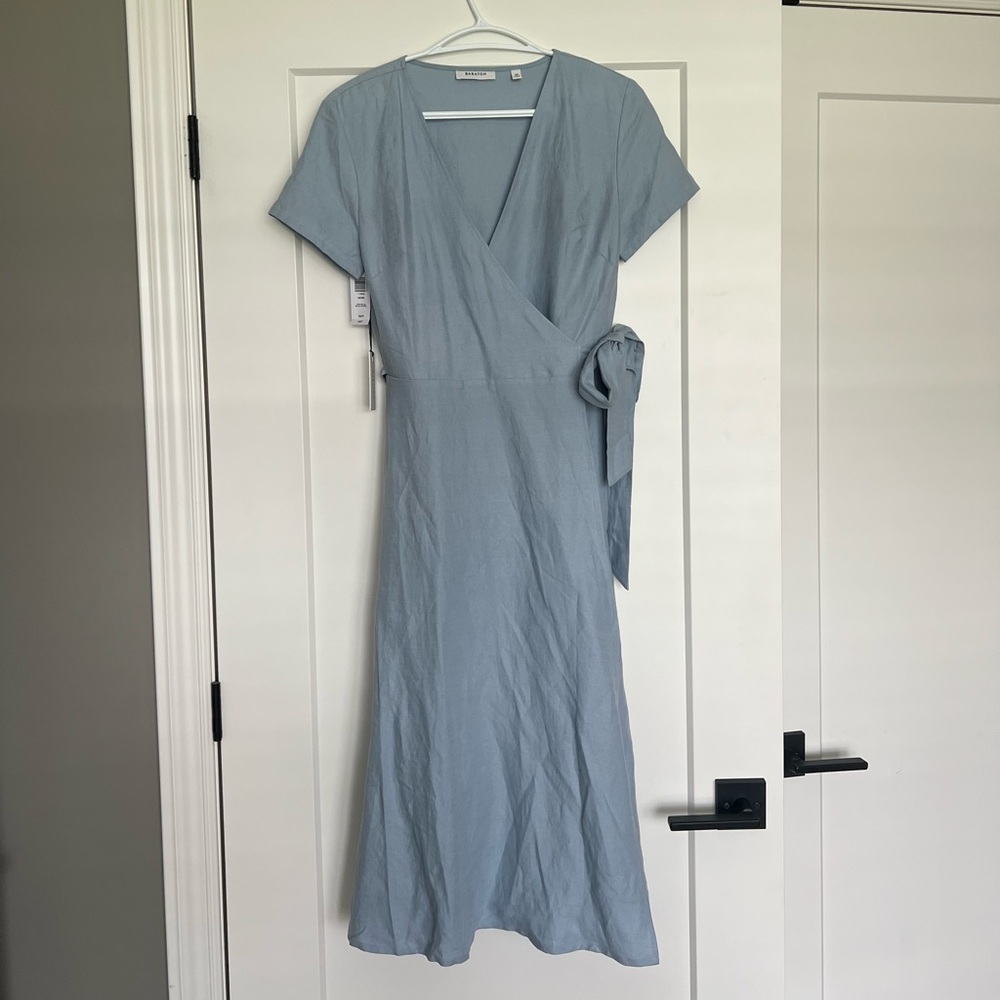 Babaton Blue Linen Wrap Midi Dress with Tie Front